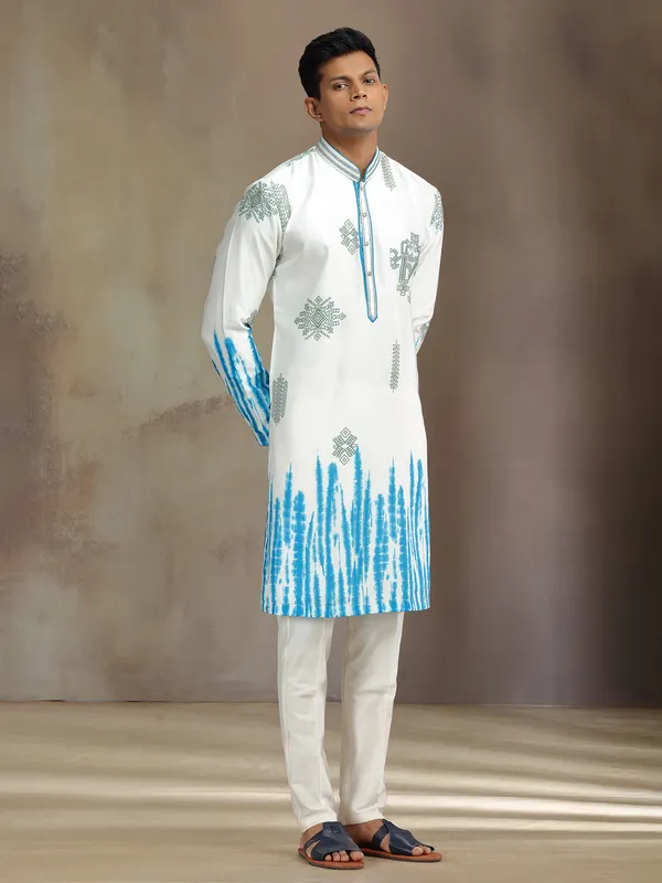 Cream and blue printed silk kurta suit