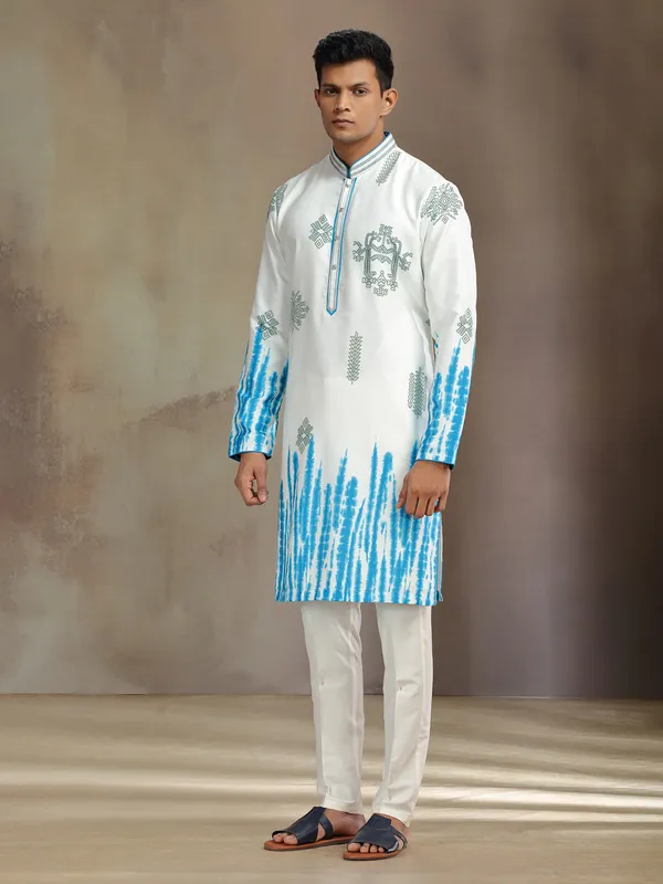 Cream and blue printed silk kurta suit