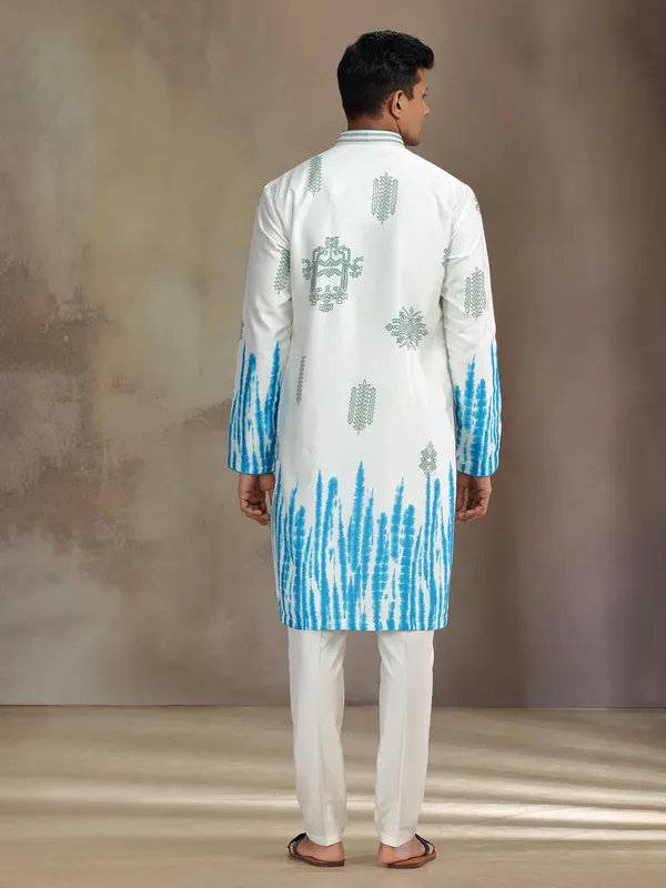 Cream and blue printed silk kurta suit