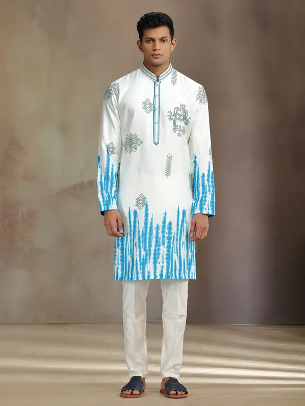 Cream and blue printed silk kurta suit