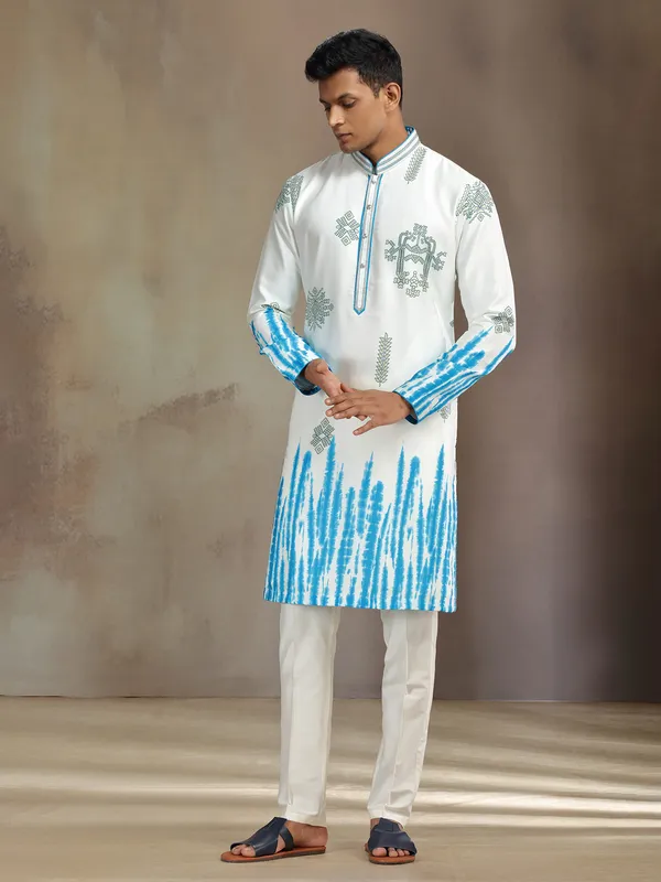 Cream and blue printed silk kurta suit