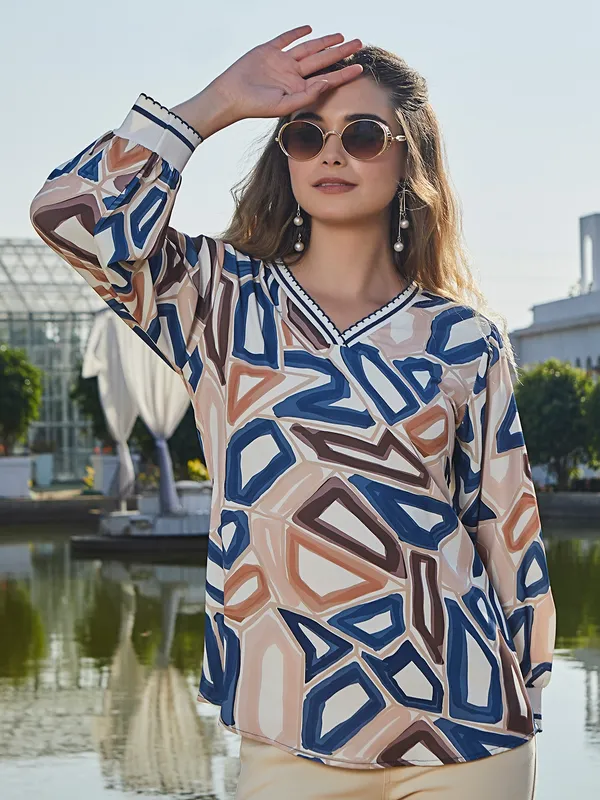 Cream and blue printed top