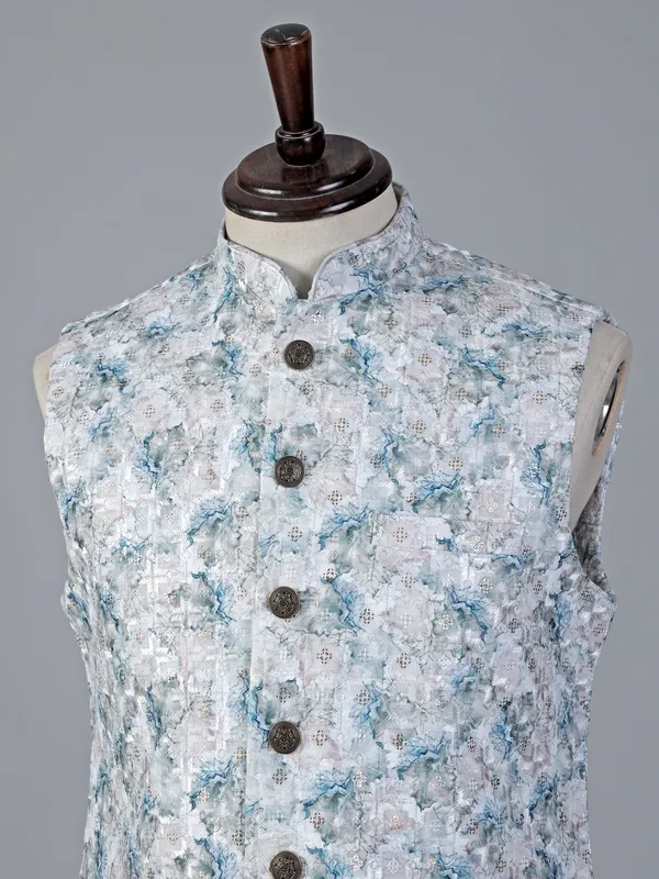 Cream and blue printed waistcoat with sequins work