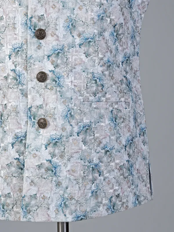 Cream and blue printed waistcoat with sequins work