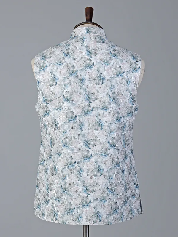Cream and blue printed waistcoat with sequins work