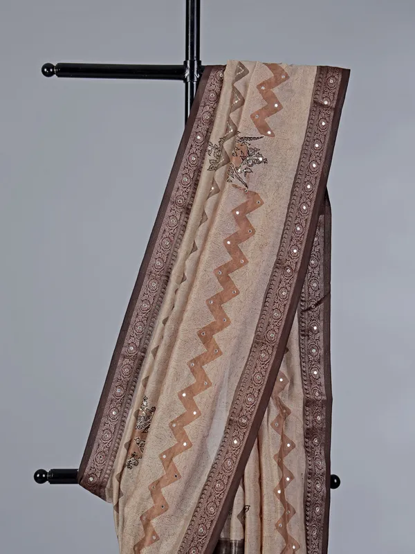 Cream and brown cotton silk saree with zigzag accents