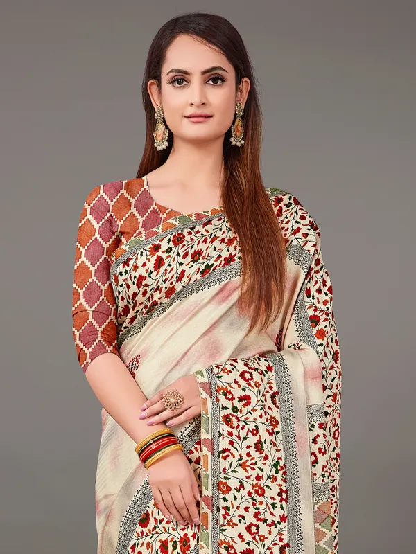 Cream and brown pashmina silk saree