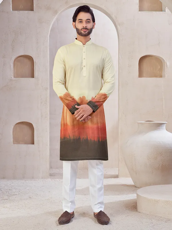 Cream and brown printed cotton kurta suit for mens