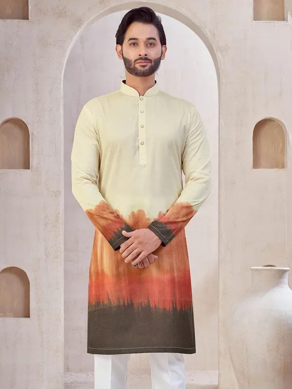 Cream and brown printed cotton kurta suit for mens