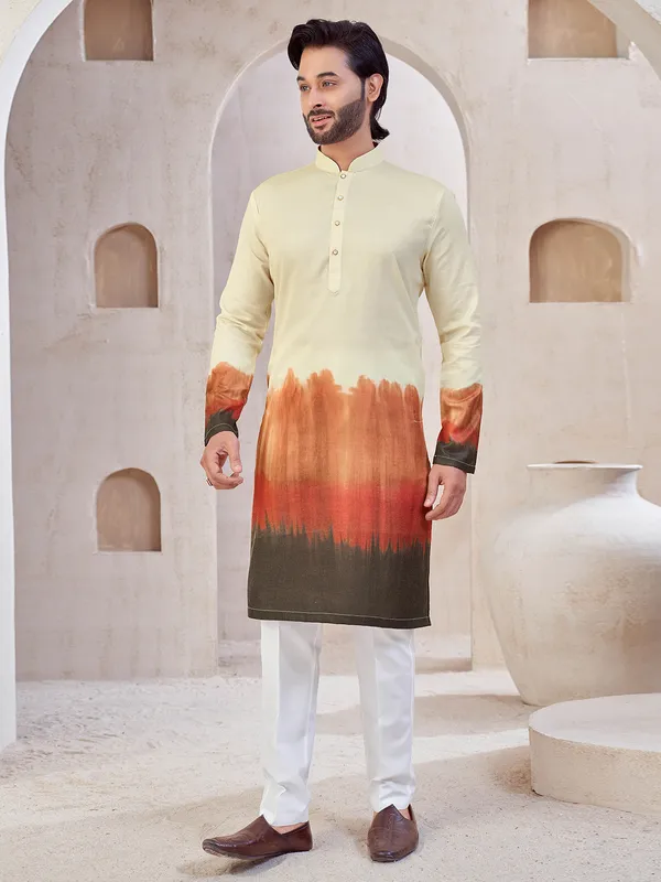 Cream and brown printed cotton kurta suit for mens