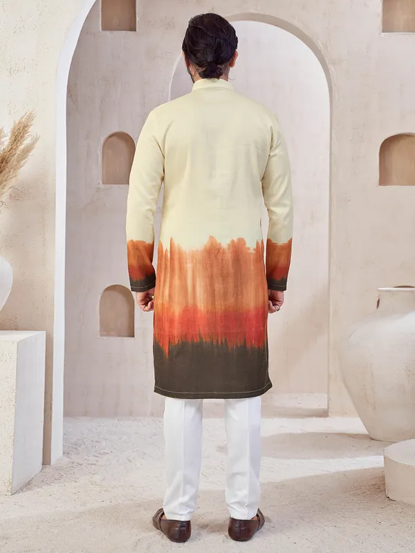 Cream and brown printed cotton kurta suit for mens