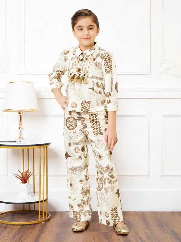 Cream and brown printed cotton palazzo co-ord set