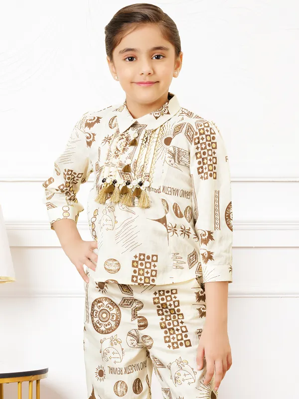 Cream and brown printed cotton palazzo co-ord set