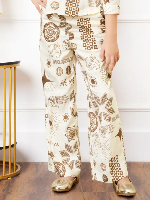 Cream and brown printed cotton palazzo co-ord set