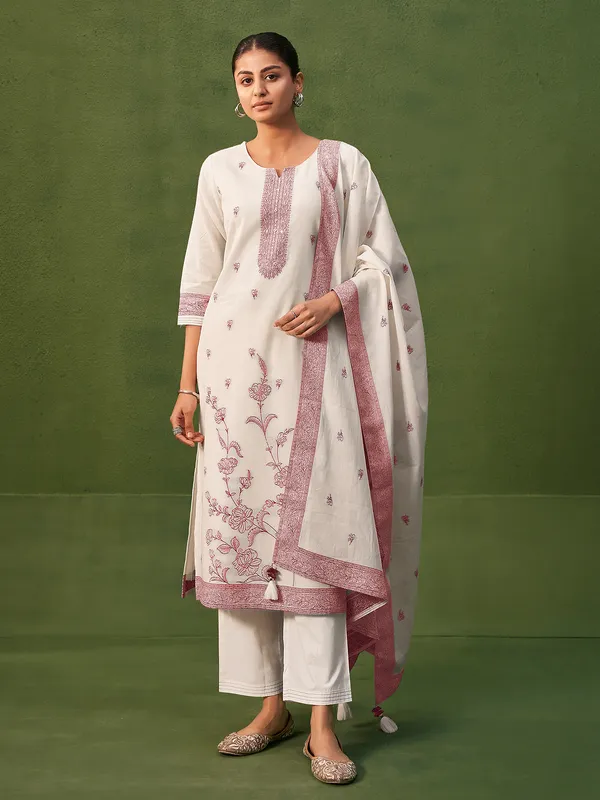 Cream and brown printed cotton silk kurti set