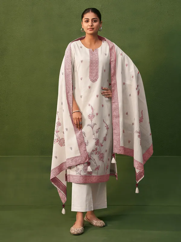 Cream and brown printed cotton silk kurti set