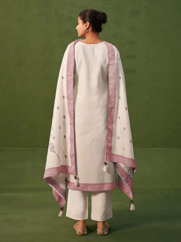 Cream and brown printed cotton silk kurti set