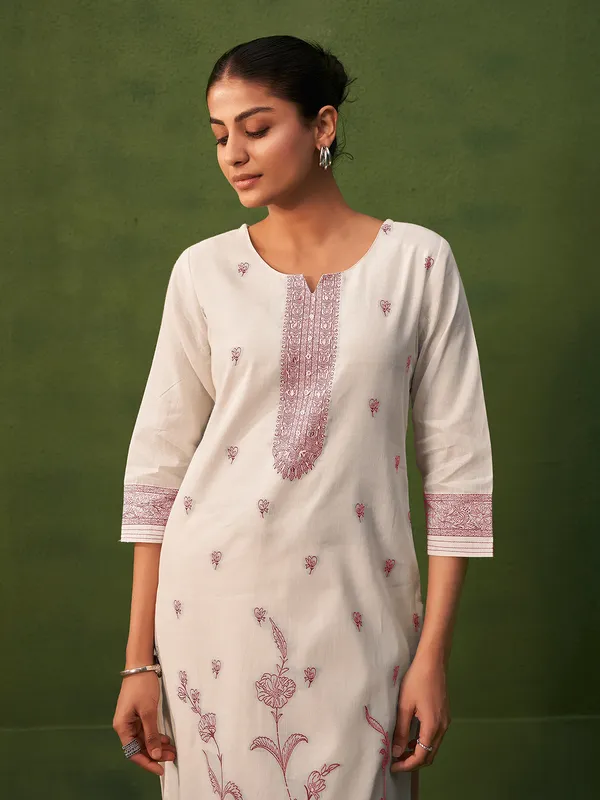 Cream and brown printed cotton silk kurti set