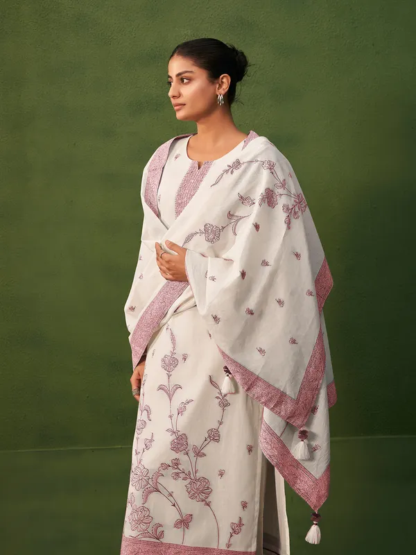 Cream and brown printed cotton silk kurti set