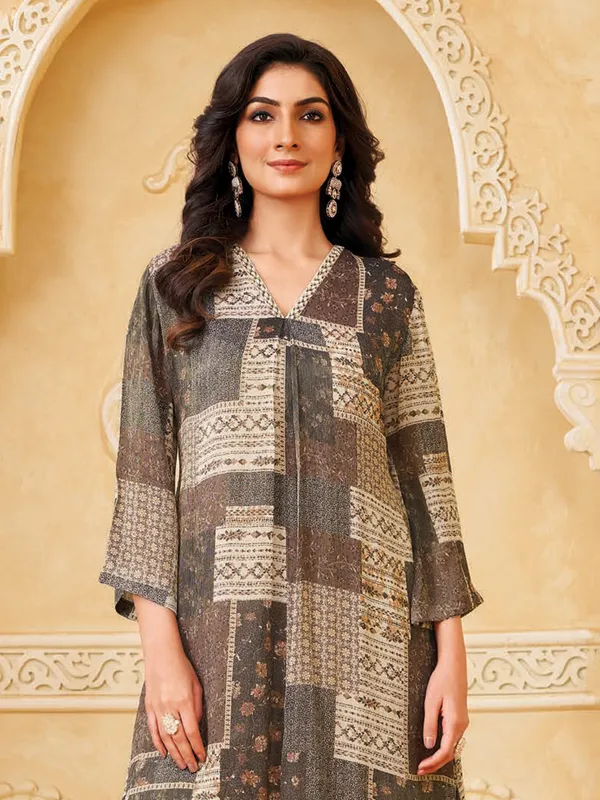 Cream and grey silk printed salwar suit