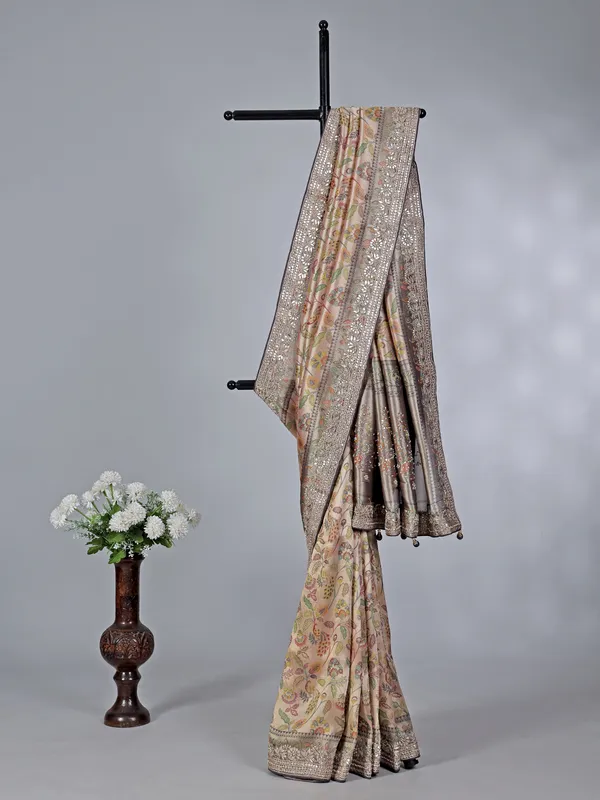 Cream and charcoal grey kanjivaram silk saree