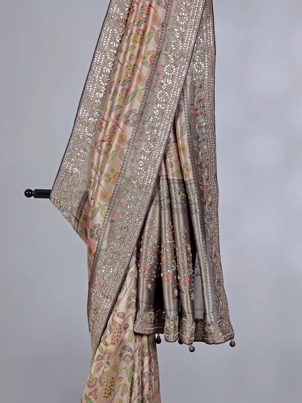 Cream and charcoal grey kanjivaram silk saree