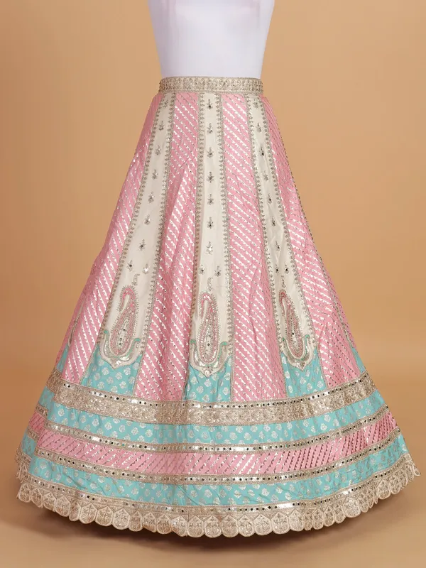 Cream and coral pink silk wedding style lehenga choli