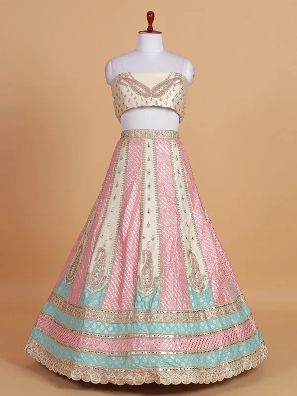 Cream and coral pink silk wedding style lehenga choli