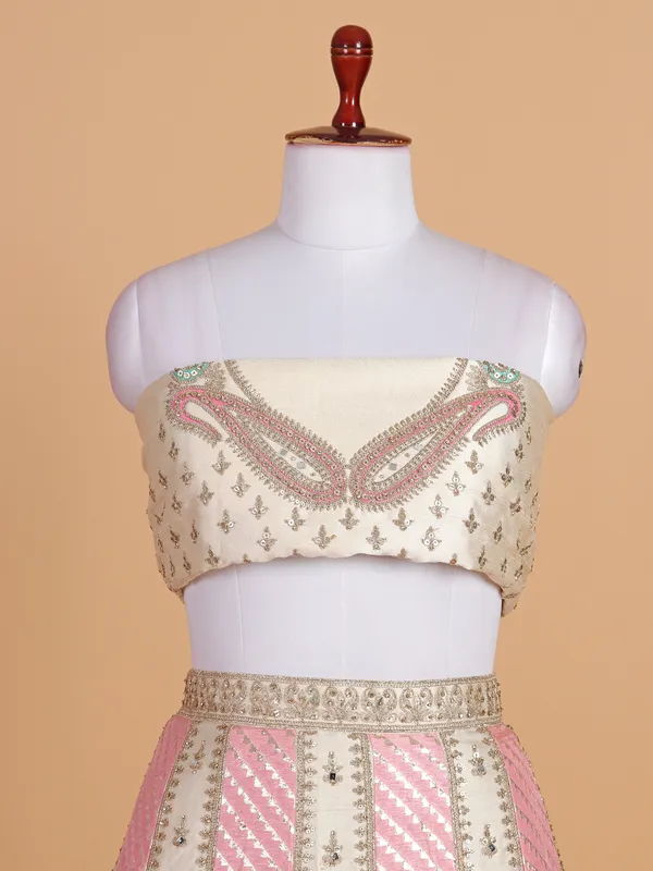 Cream and coral pink silk wedding style lehenga choli