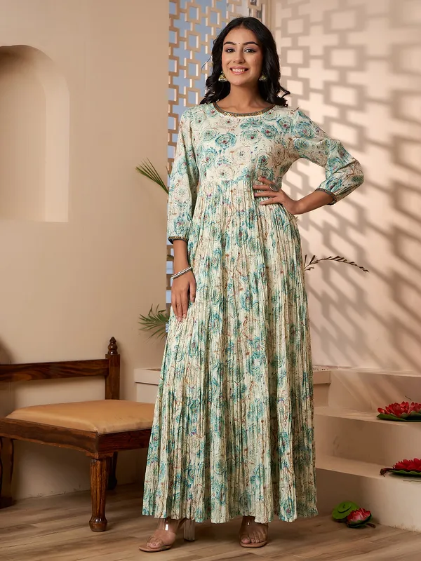 Cream and green cotton printed long kurti