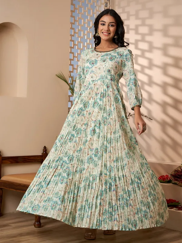 Cream and green cotton printed long kurti