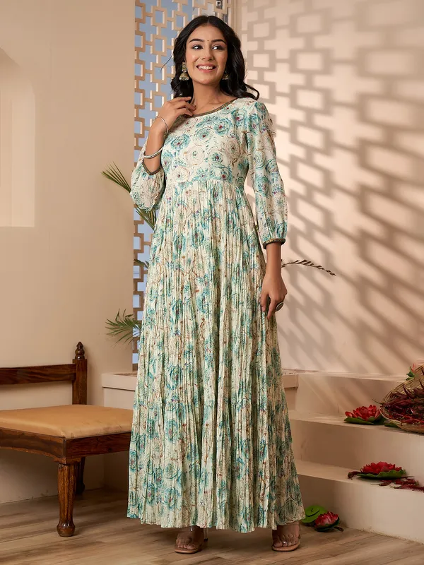 Cream and green cotton printed long kurti
