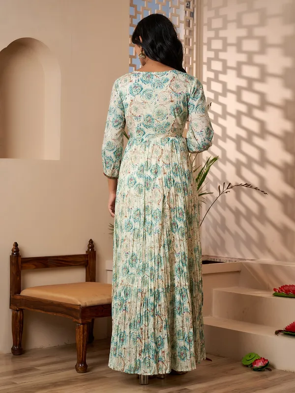 Cream and green cotton printed long kurti