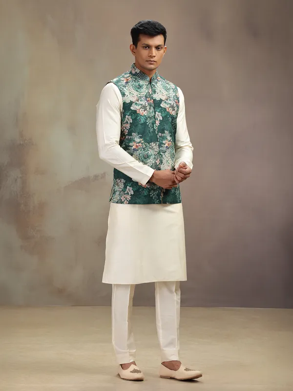 Cream and green cotton printed waistcoat set