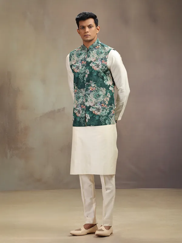 Cream and green cotton printed waistcoat set