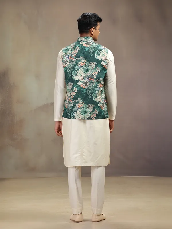 Cream and green cotton printed waistcoat set