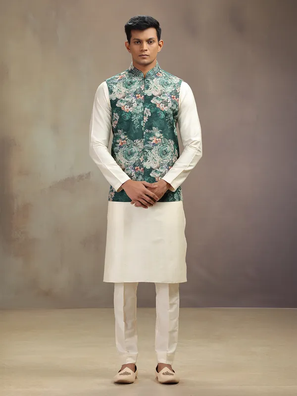 Cream and green cotton printed waistcoat set