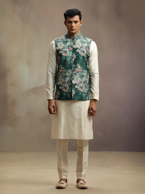 Cream and green cotton printed waistcoat set