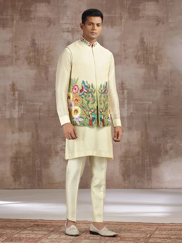 Cream and green ombre silk waistcoat set