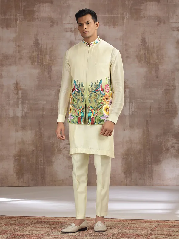Cream and green ombre silk waistcoat set