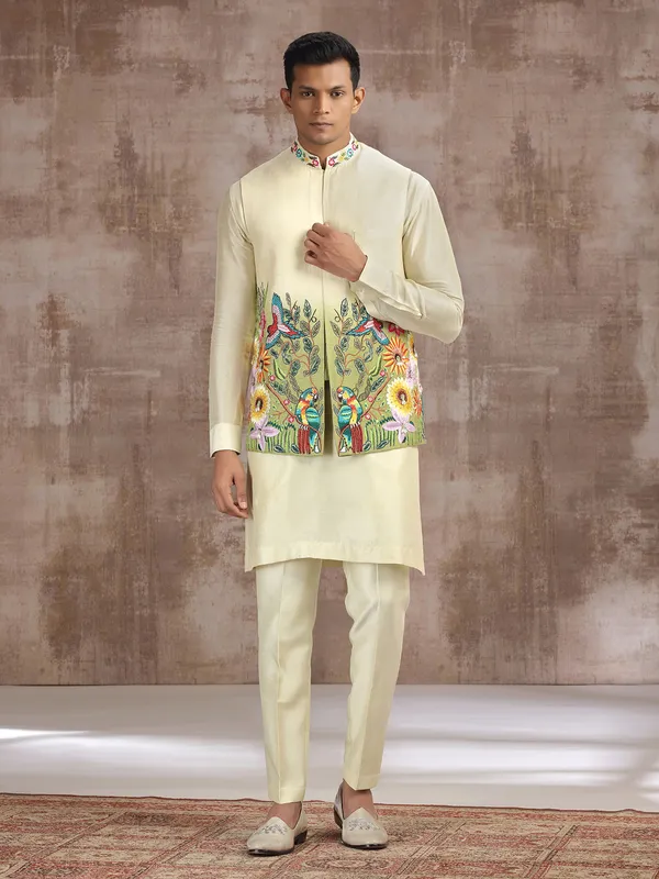 Cream and green ombre silk waistcoat set