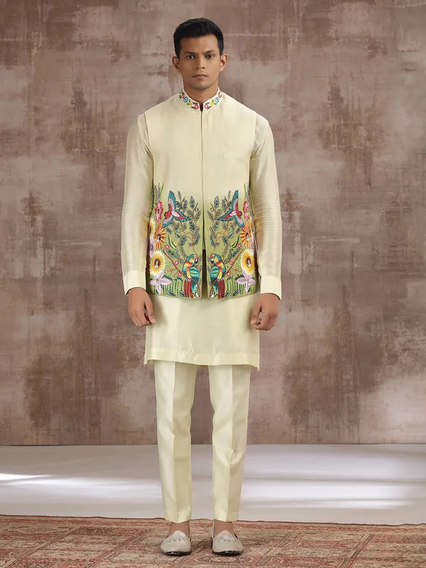 Cream and green ombre silk waistcoat set