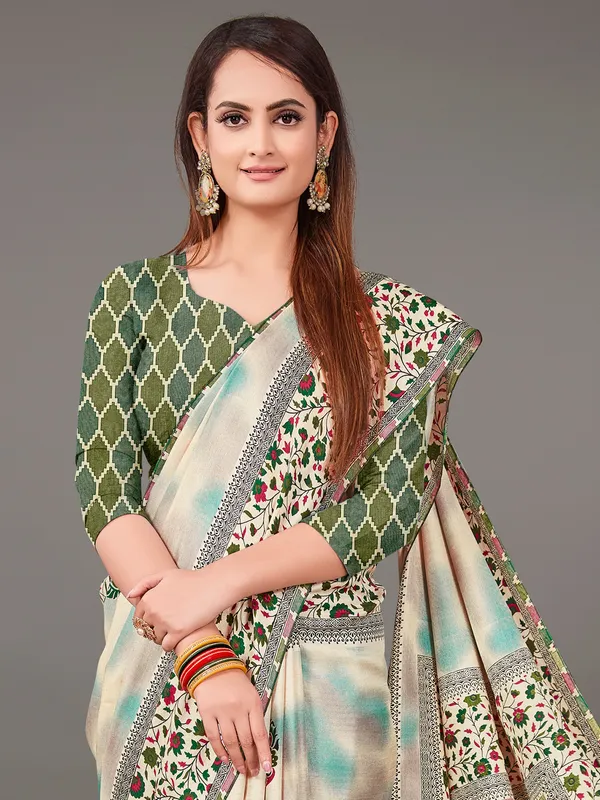 Cream and green pashmina silk printed saree