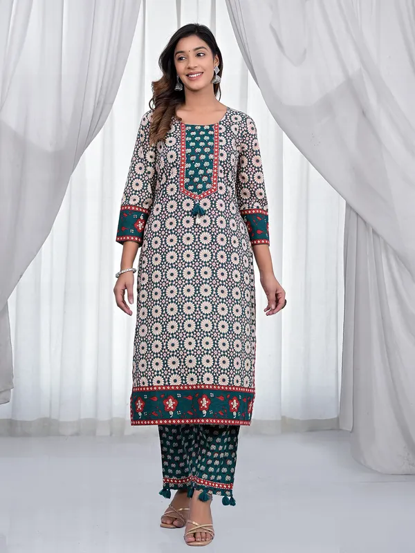 Cream and green printed kurti set