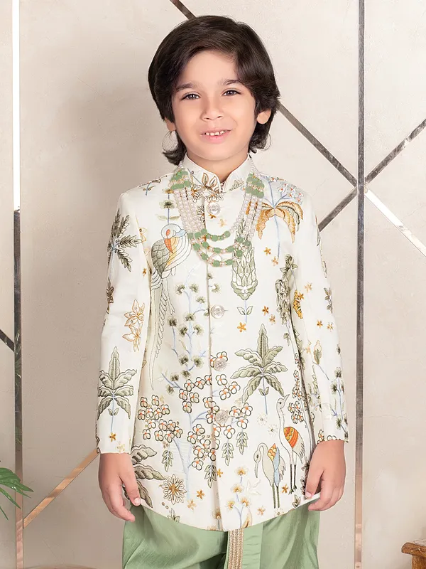 Cream and green shining indo western for boys