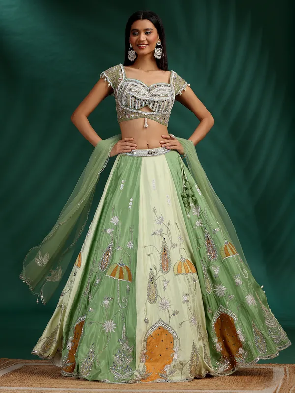 Cream and green silk lehenga choli for women