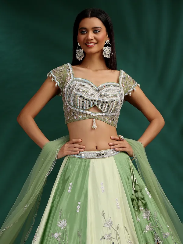 Cream and green silk lehenga choli for women