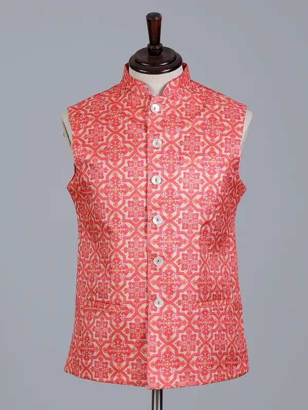 Cream and green silk printed waistcoat