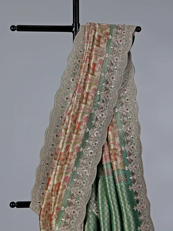 Cream and green tissue kanjivaram silk saree