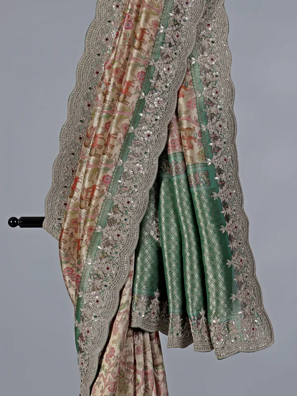 Cream and green tissue kanjivaram silk saree